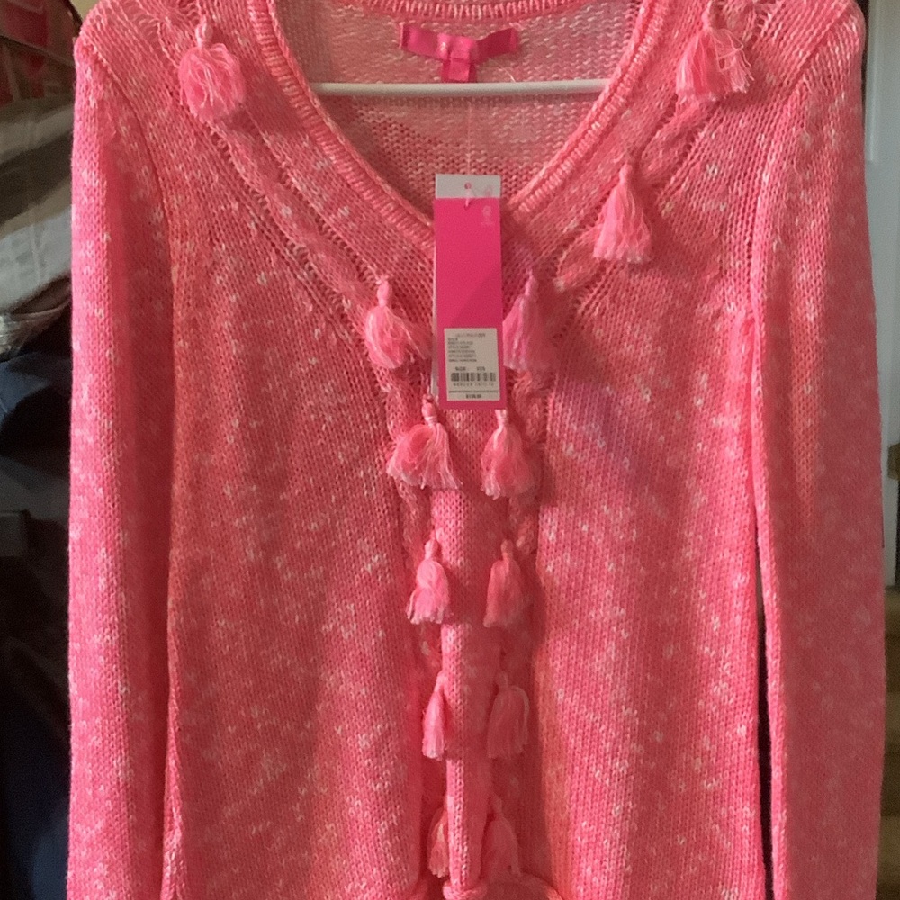 Lilly‎ Pulitzer Vibrant Pink Sweater with Tassels XXS, MISSING 1 tassel, new